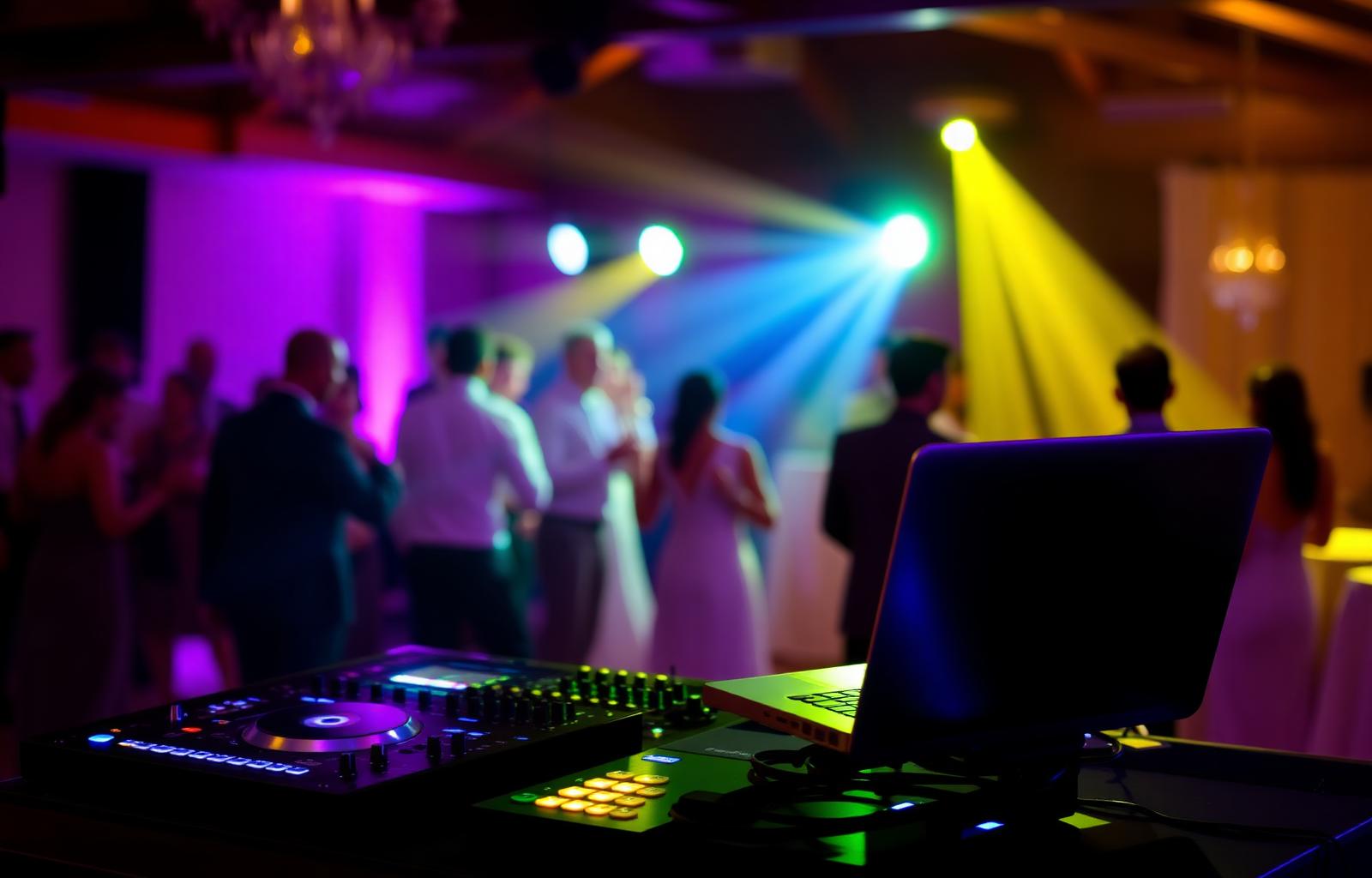 Frost Films DJ booth at a recent wedding reception with colored uplighting