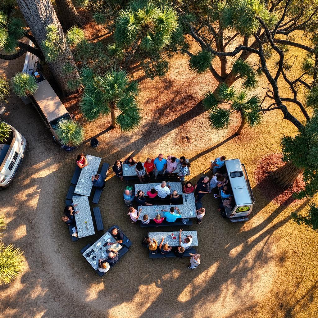 Aerial photo of a family reunion gathered around picnic tables under shade trees
