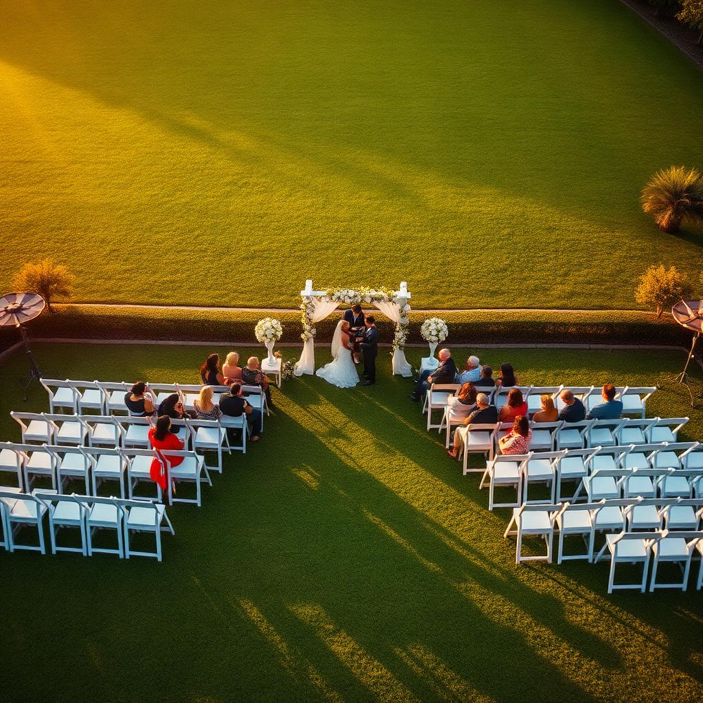 Aerial photo of an outdoor wedding ceremony at golden hour